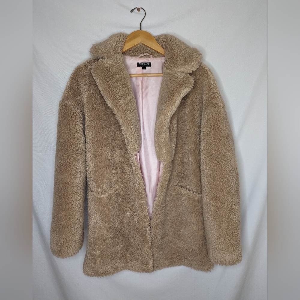 Topshop Tan Brown Teddy Mid Length Oversized Cozy Jacket with Pockets Sz 4
